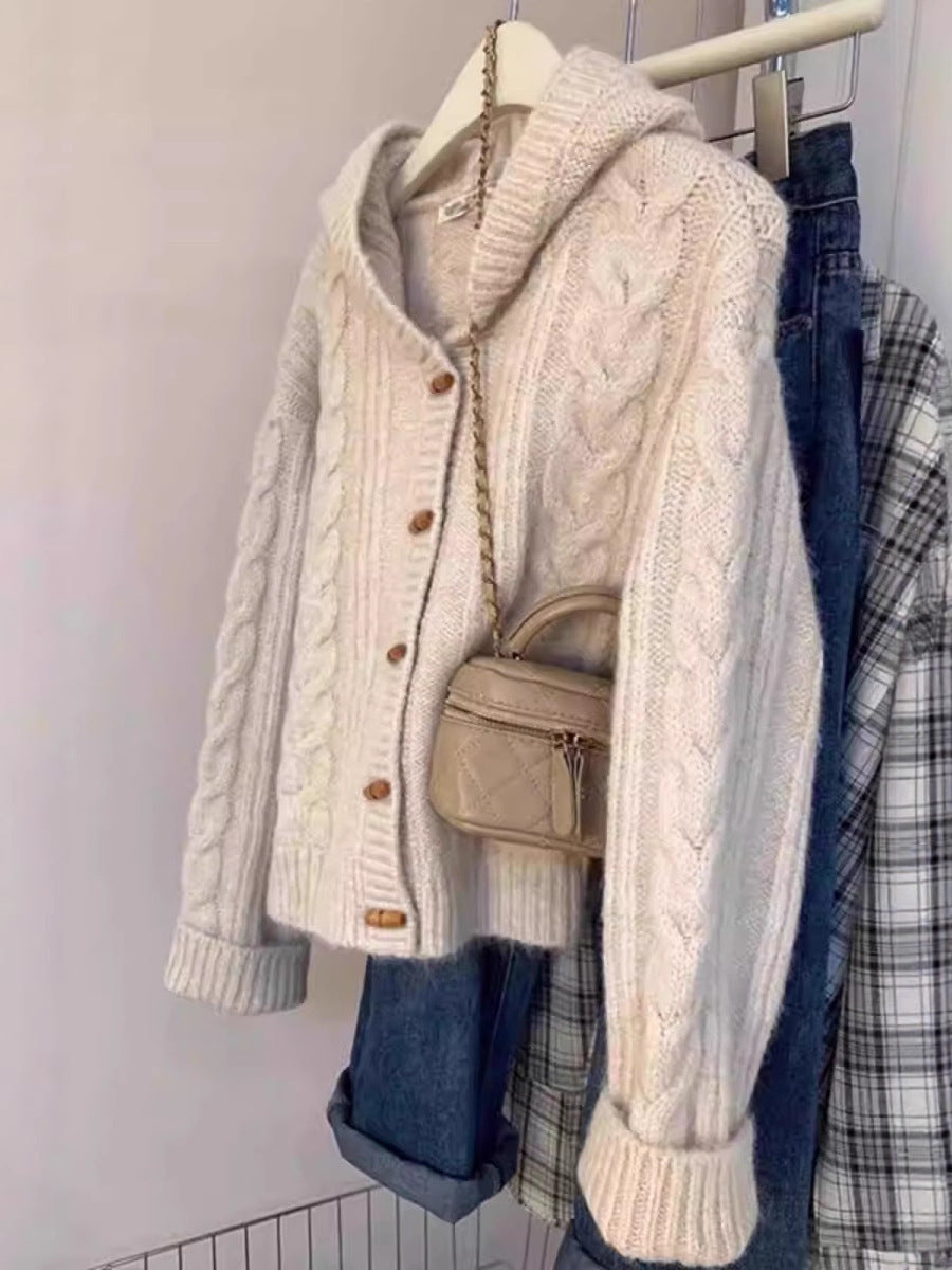 Ladies hooded cardigan with cable knit, wooden button placket and boxy silhouette Chichicherry