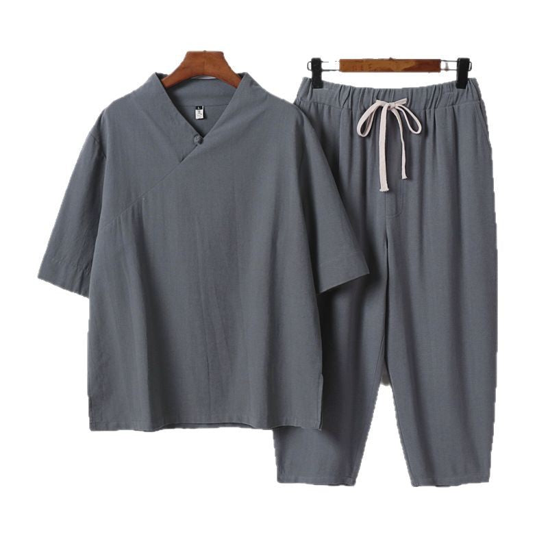 Men's Breathable Linen-Cotton Lounge Set with Asymmetrical V-Neck and Elastic Cord Pants Chichicherry