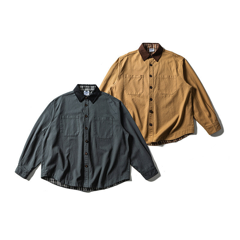 Unisex Oversize Shirt Jacket with Contrast Collar and Checked Lining Chichicherry
