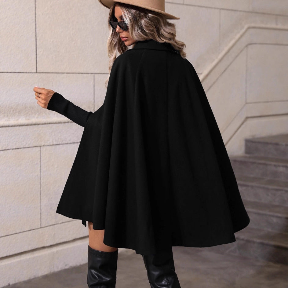 Women's Double-breasted Wool Cape Coat with Arm Openings and Stand-up Collar Chichicherry