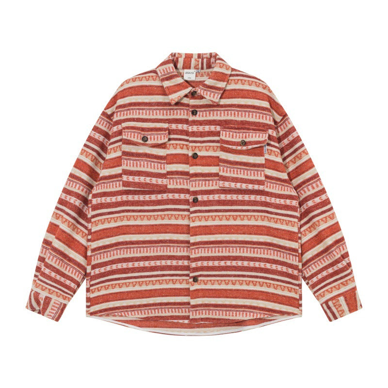 Unisex Oversize Knit Shirt Jacket in Ethnic Stripe Pattern with Flap Pockets Chichicherry