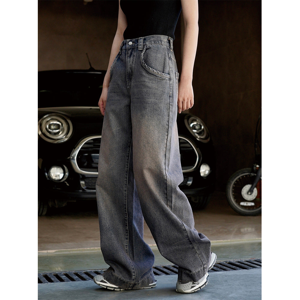 Women Wide High-Waist Denim Baggy Jeans with Extra Long Legs and Washed Used Look Chichicherry