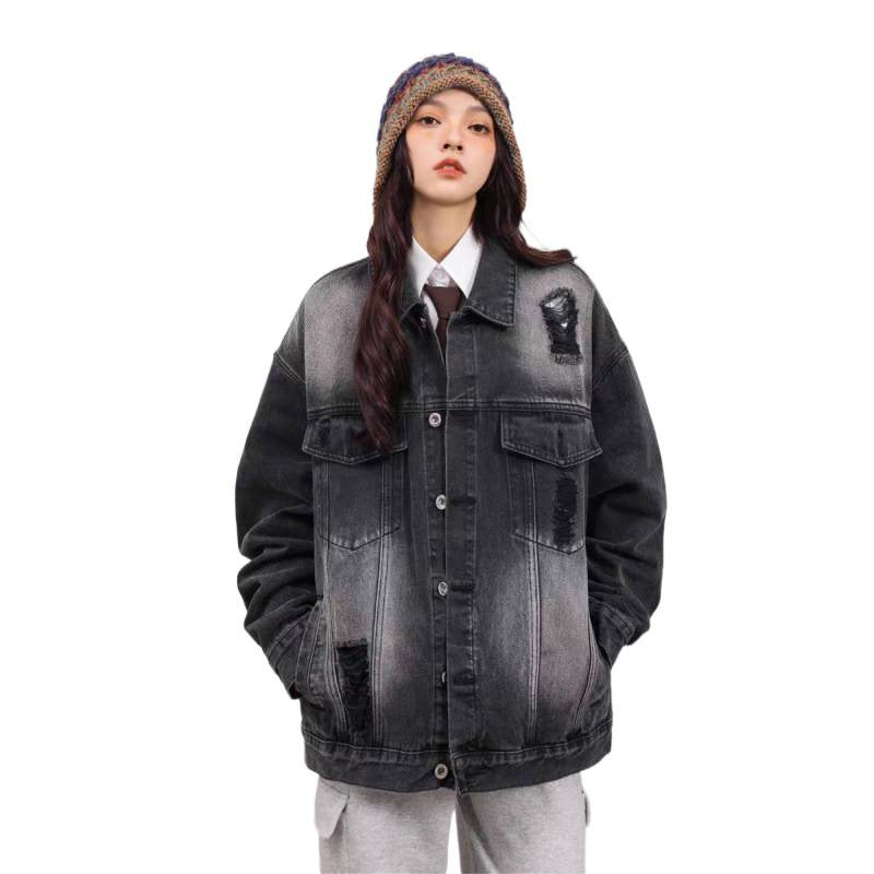 Unisex Vintage-Style Denim-Worker-Jacke mit Repair-Details und geradem Schnitt Chichicherry