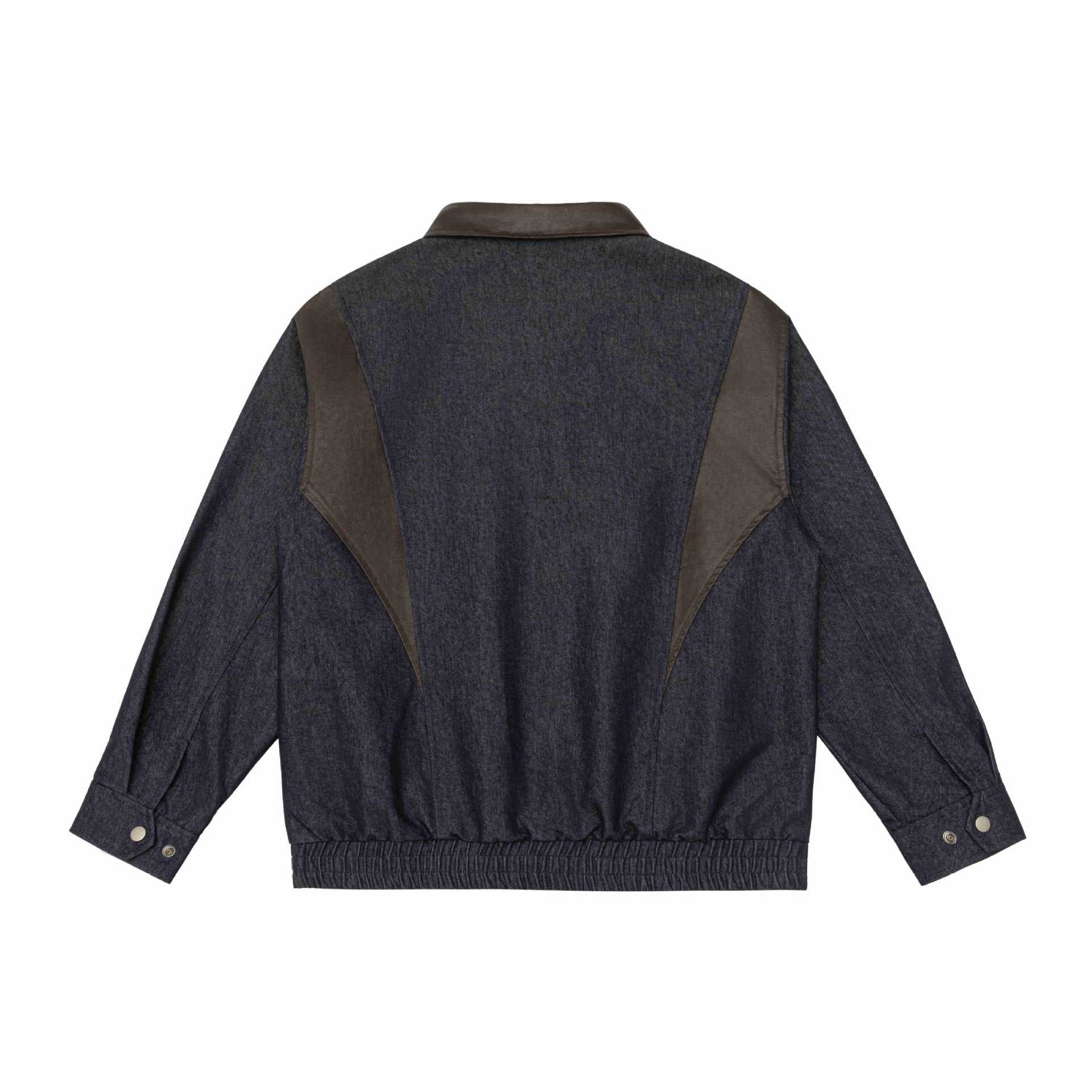 Men's short jacket in boxy cut made of wool-denim mix with leather-trimmed collar and vertical zippered chest pocket Chichicherry