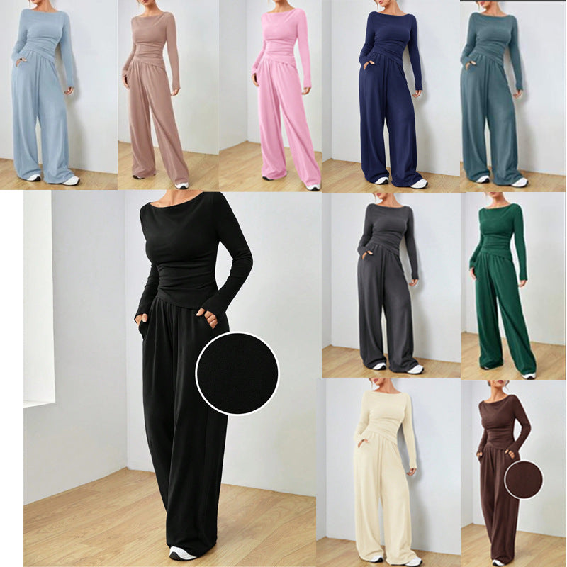 Women’s loungewear set made of softly falling jersey with a boat neckline, fitted long sleeve, and wide palazzo pants Chichicherry