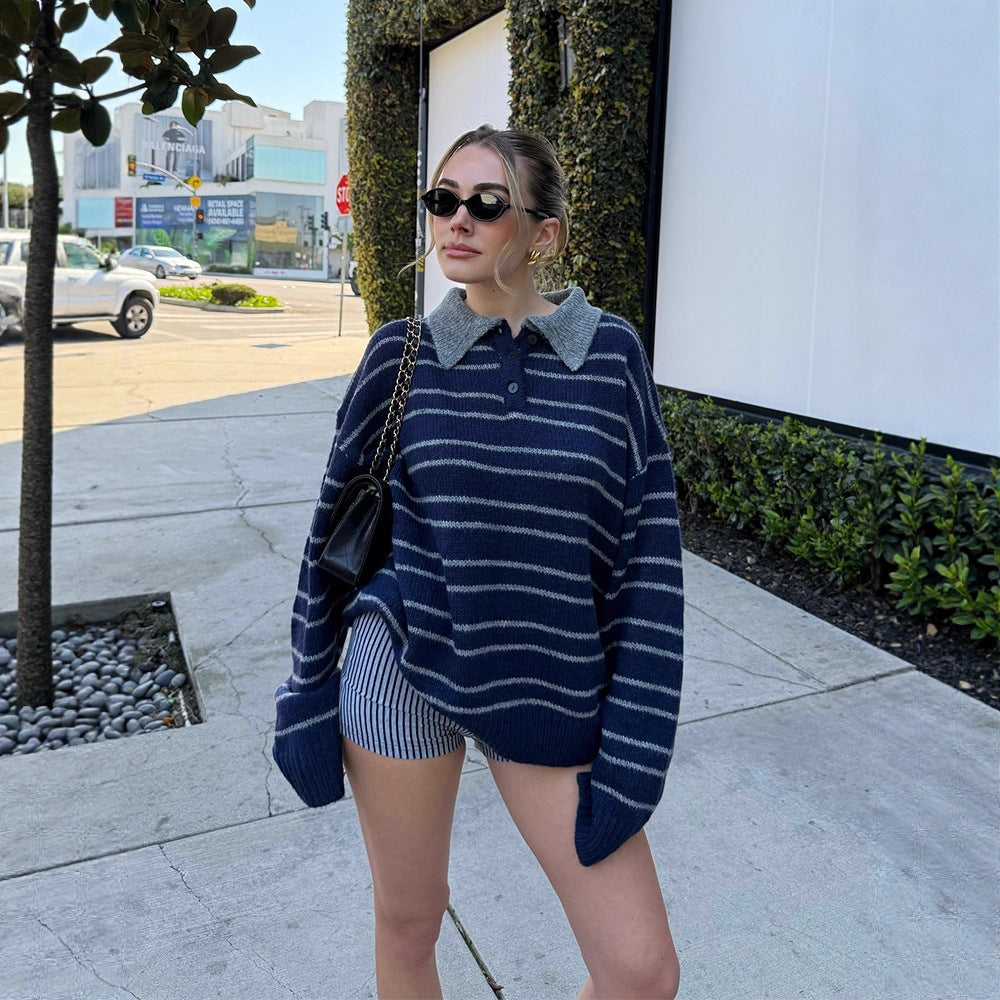 Women's Oversized Knit Sweater with Polo Collar & Stripe Pattern Chichicherry