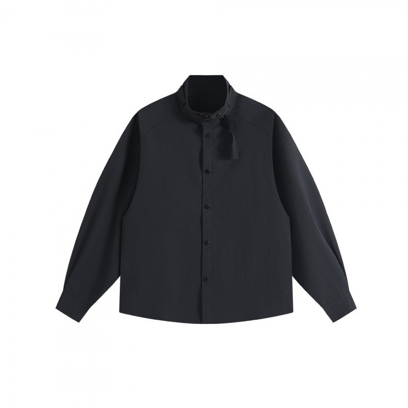 Unisex Boxy Overshirt with Stand Collar, Tie Loop and Snap Button Placket Chichicherry