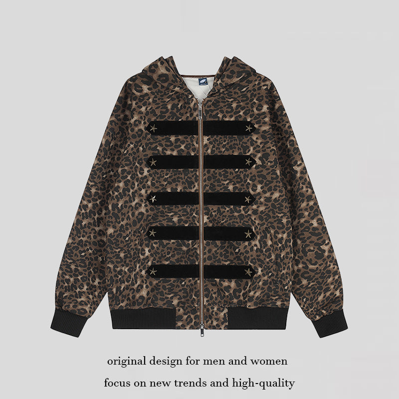 Women's hooded sweat jacket with leopard pattern, velour stripes and star studs Chichicherry