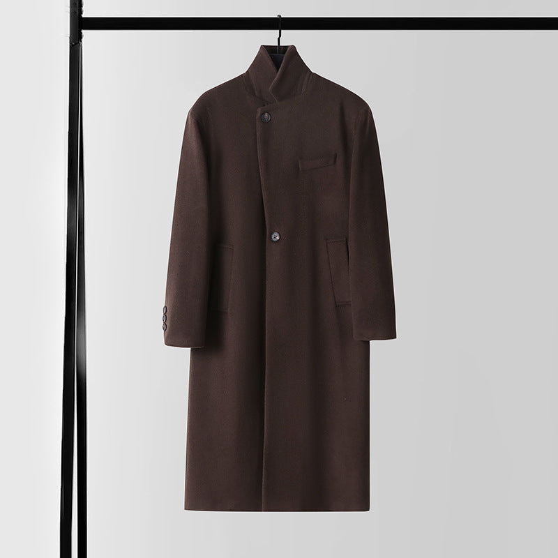 Men's Tailored Wool Blend Long Coat with Shawl Collar and One Button Closure Chichicherry