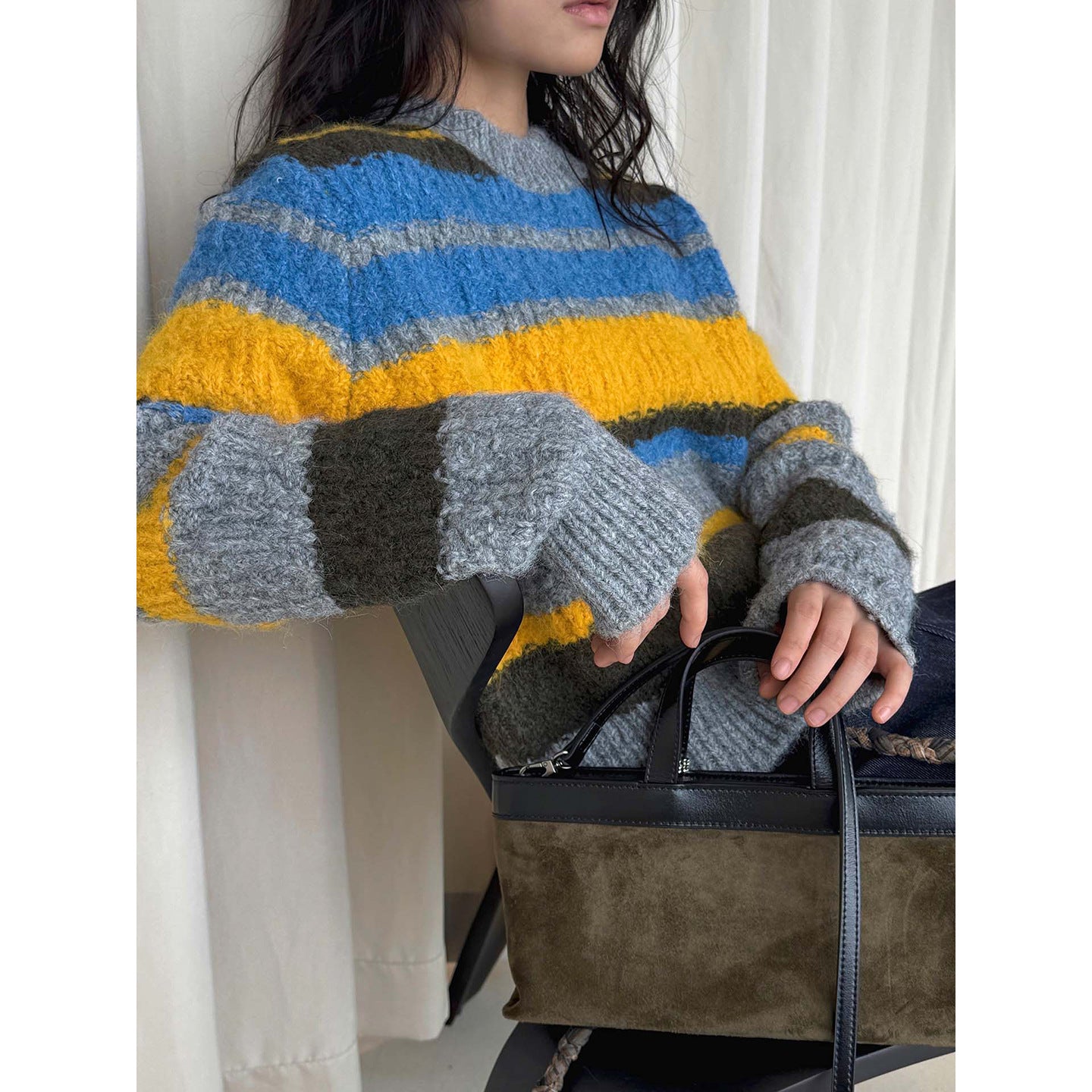 Women’s Oversize Striped Sweater made of Alpaca Blend with Marled Plush Yarn Chichicherry