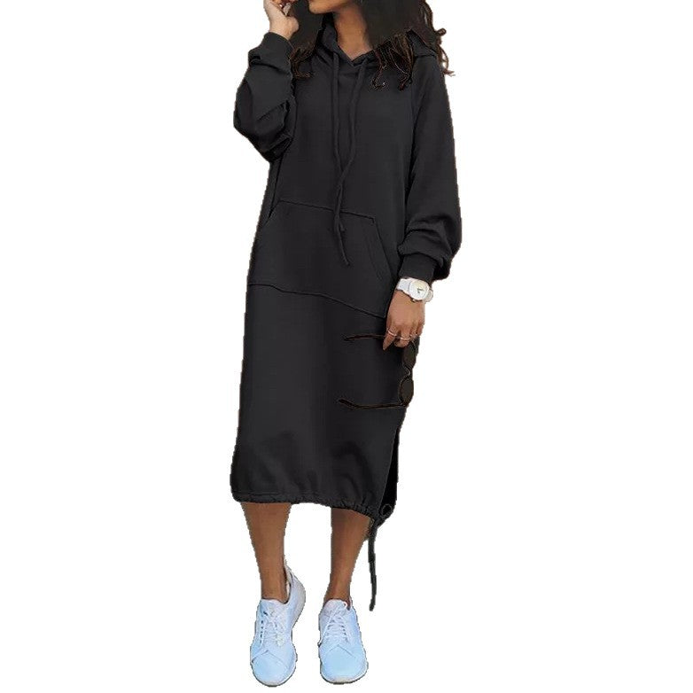 Women's Oversize Hoodie-Midi Dress with Drawstring Hem and Side Slit Details Chichicherry