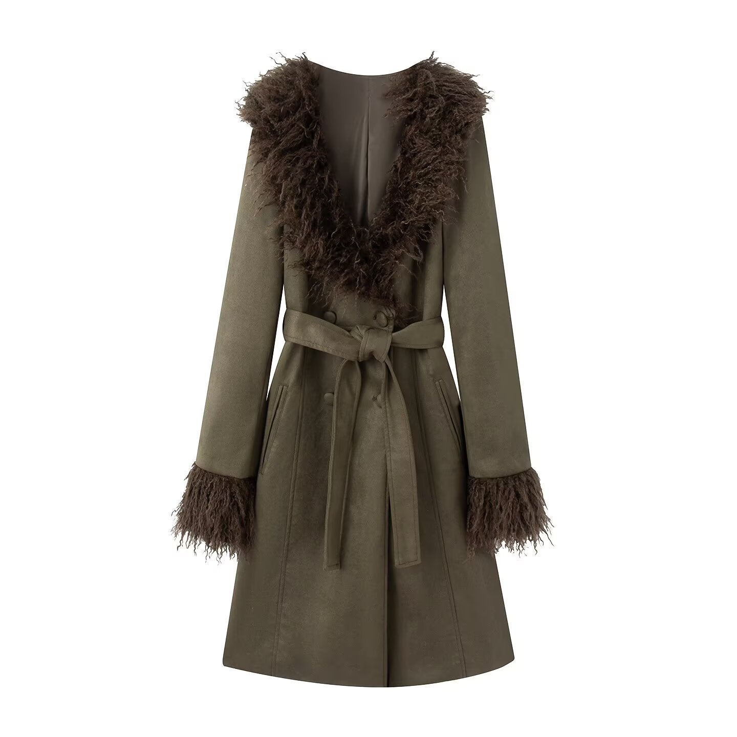 Women Long Coat in Lambskin Look with Tied Belt and Fur Collar Chichicherry
