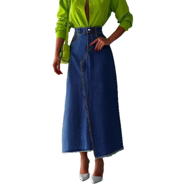 Ladies High-Waisted Maxi Denim Skirt with Asymmetrical Front Seam and Frayed Hem Chichicherry