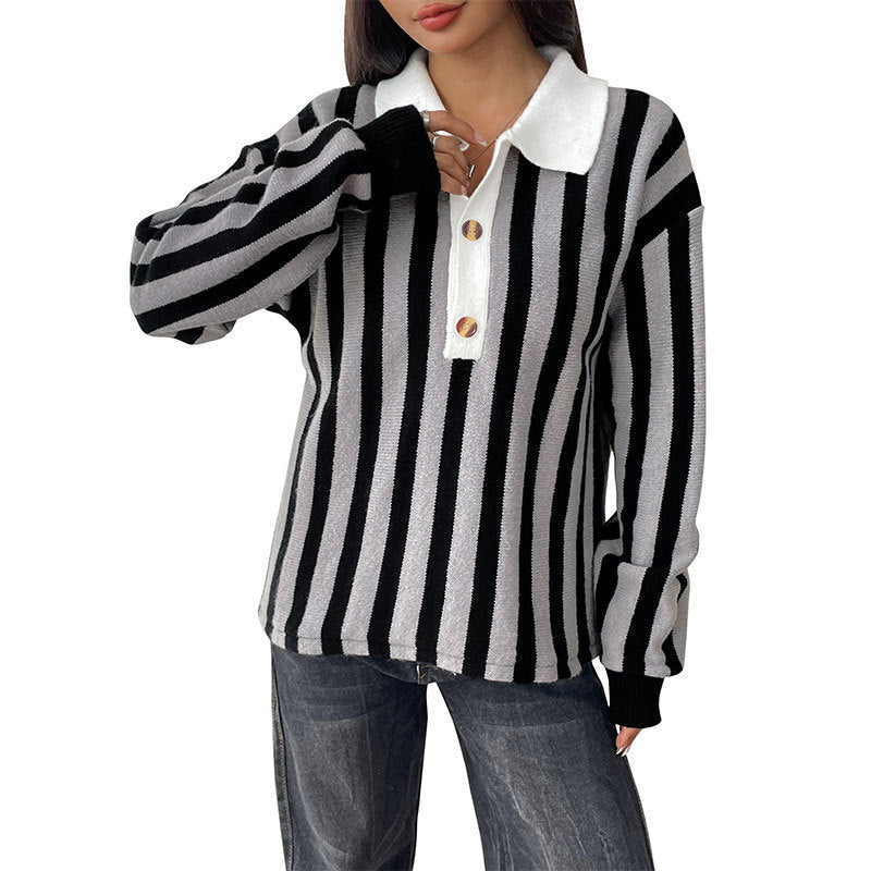Women Casual Striped Knit Polo Collar Sweater with Contrasted Button Placket Chichicherry