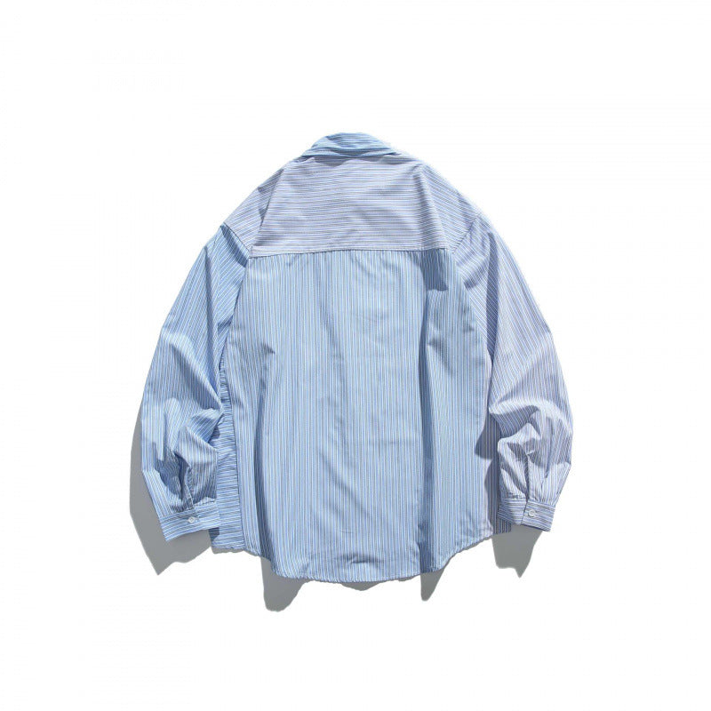 Unisex Oversize Shirt Jacket in Patchwork Stripe Look with Chest Pocket and Rounded Hem Chichicherry