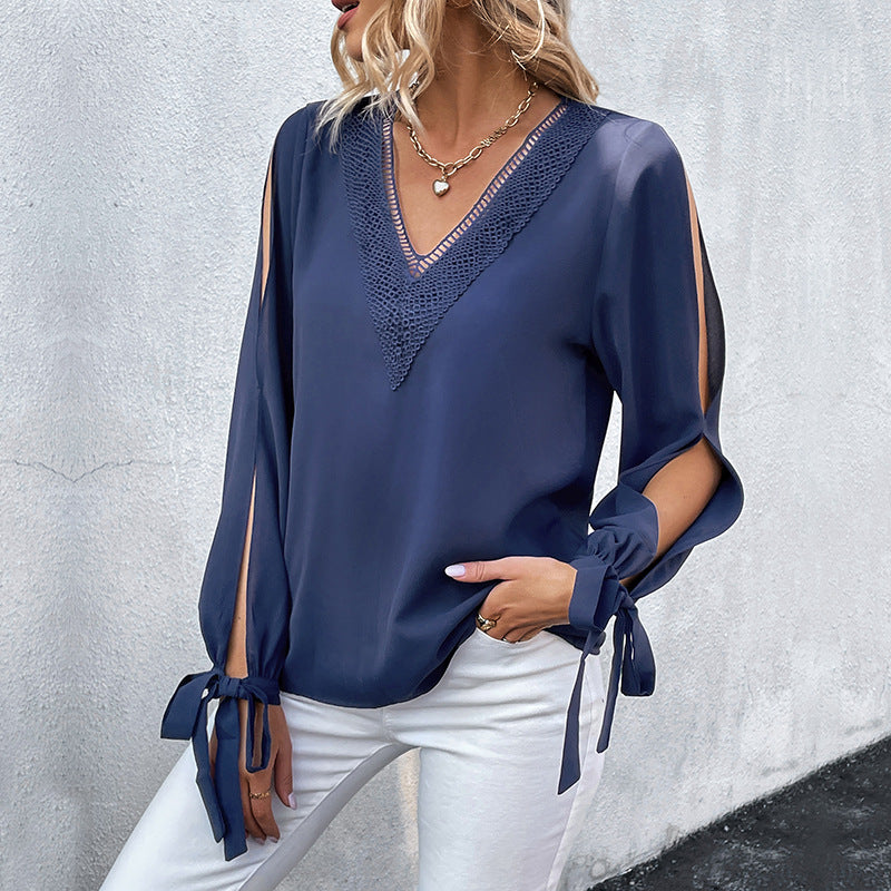 Women's voile blouse with V-neck, lace yoke, sleeve slits, and bow cuffs Chichicherry