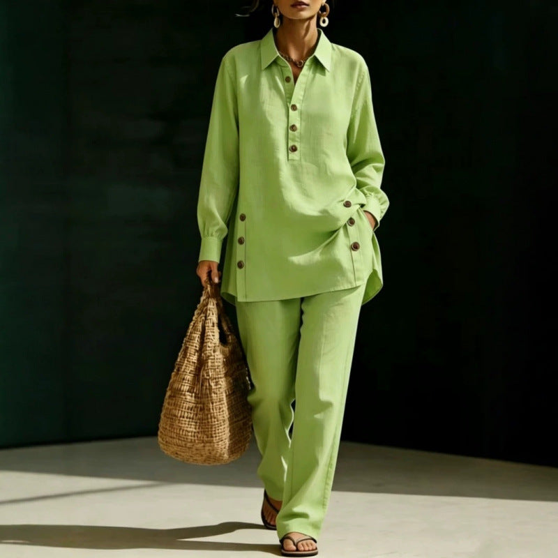 Women two-piece tunic set made of lightweight linen blend with shirt collar and side decorative buttons Chichicherry