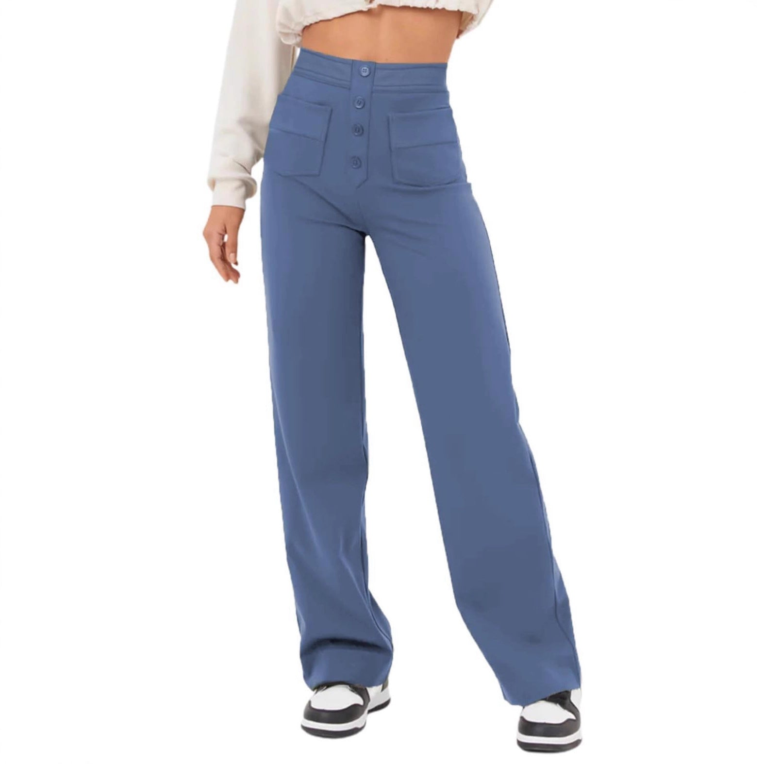 Women's High-Waisted Wide Pants with Button Placket and Patch Pockets Chichicherry