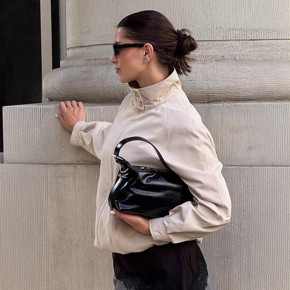Women Lightweight Tailored Cropped Bomber with High Stand Collar and Raglan Sleeves Chichicherry