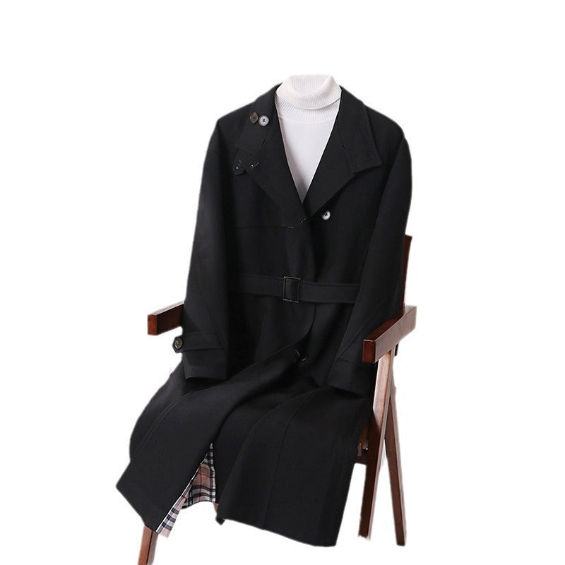 Men's Long-Cut Minimalist Trench Coat with Shawl Collar and Adjustable Sleeve Straps Chichicherry