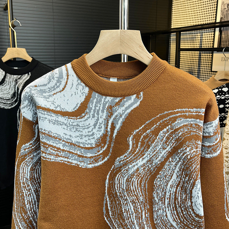 Herren Grobgestrickter Rundhalspullover mit abstraktem Marmor-Jacquard Chichicherry