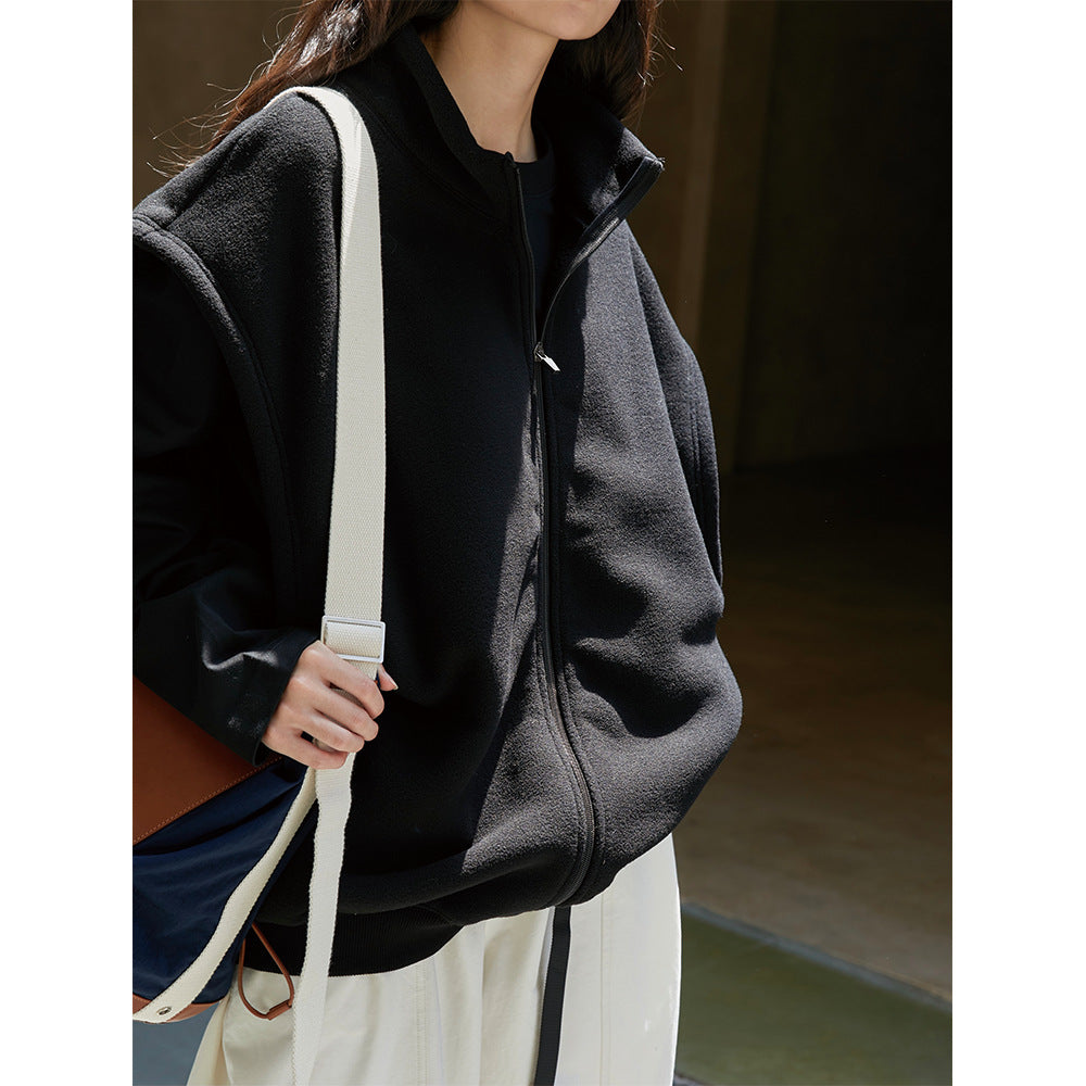Women Oversize Fleece Vest with Zipper and Stand-up Collar Chichicherry
