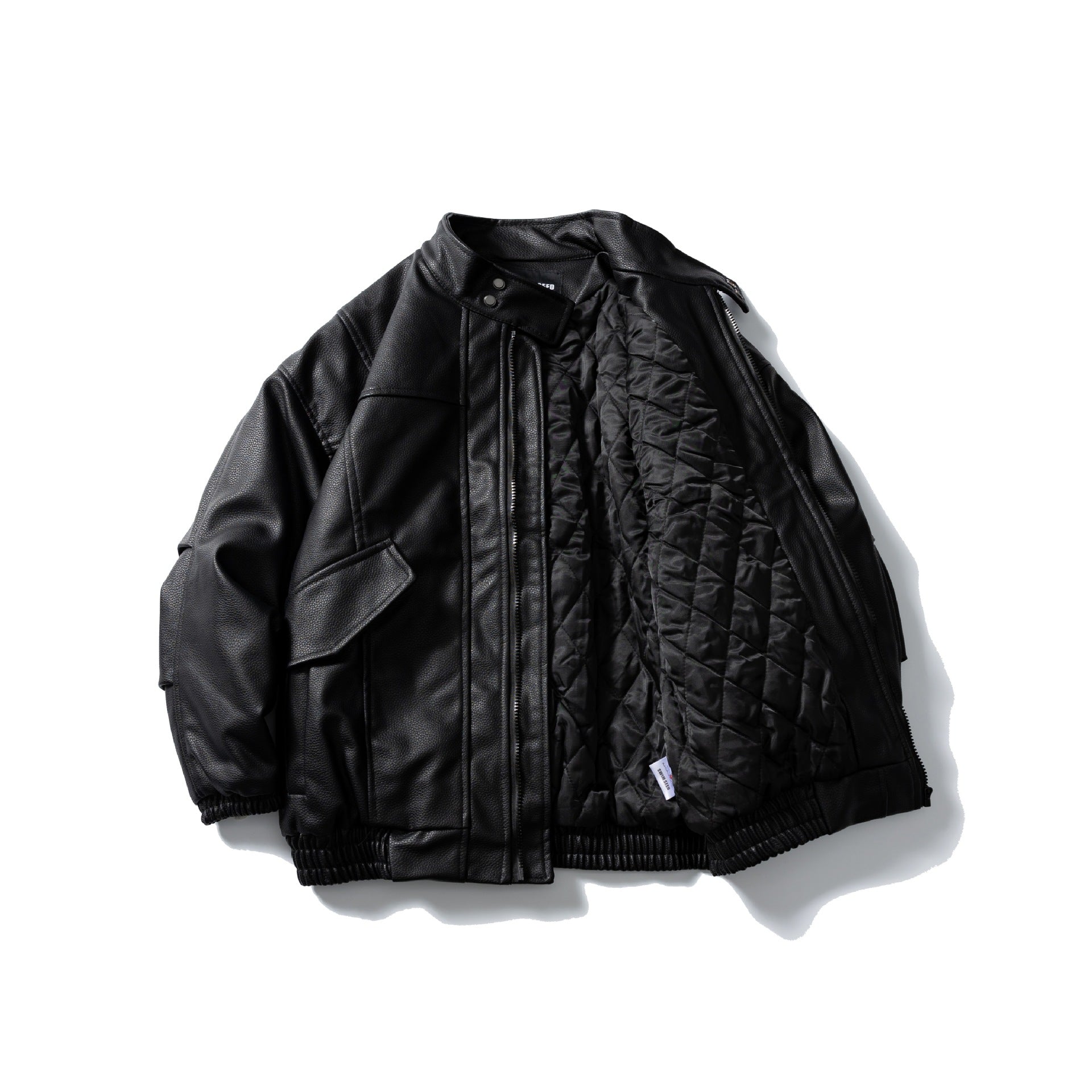 Men's leather blouson in aviator style with high turn-down collar, flap pockets, and elastic hem Chichicherry