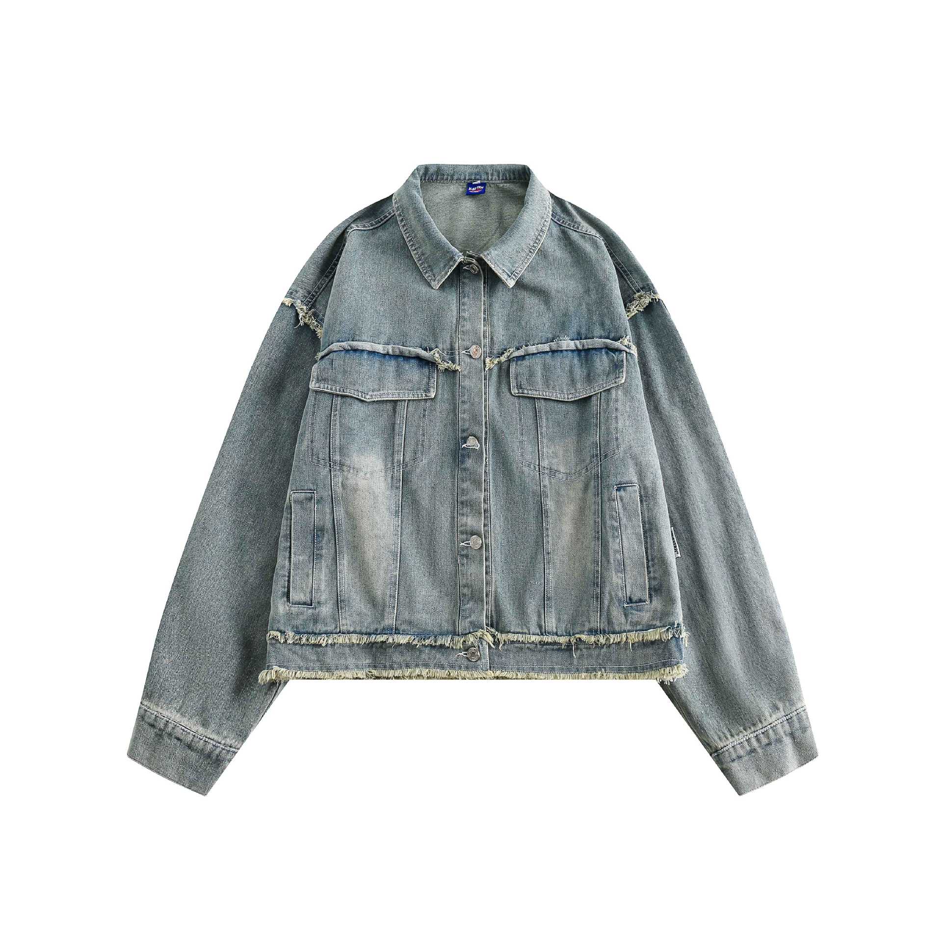 Unisex Oversize Denim Jacket with Fringe Finishes and Utility Pockets Chichicherry