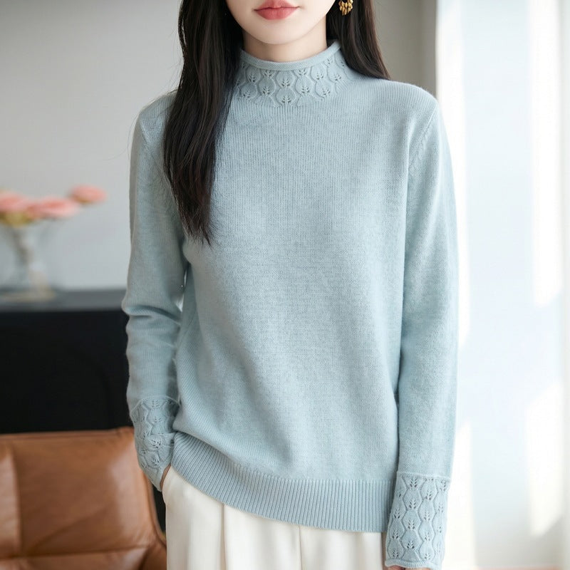 Ladies Mockneck fine knit pullover with eyelet detail at collar and cuffs Chichicherry