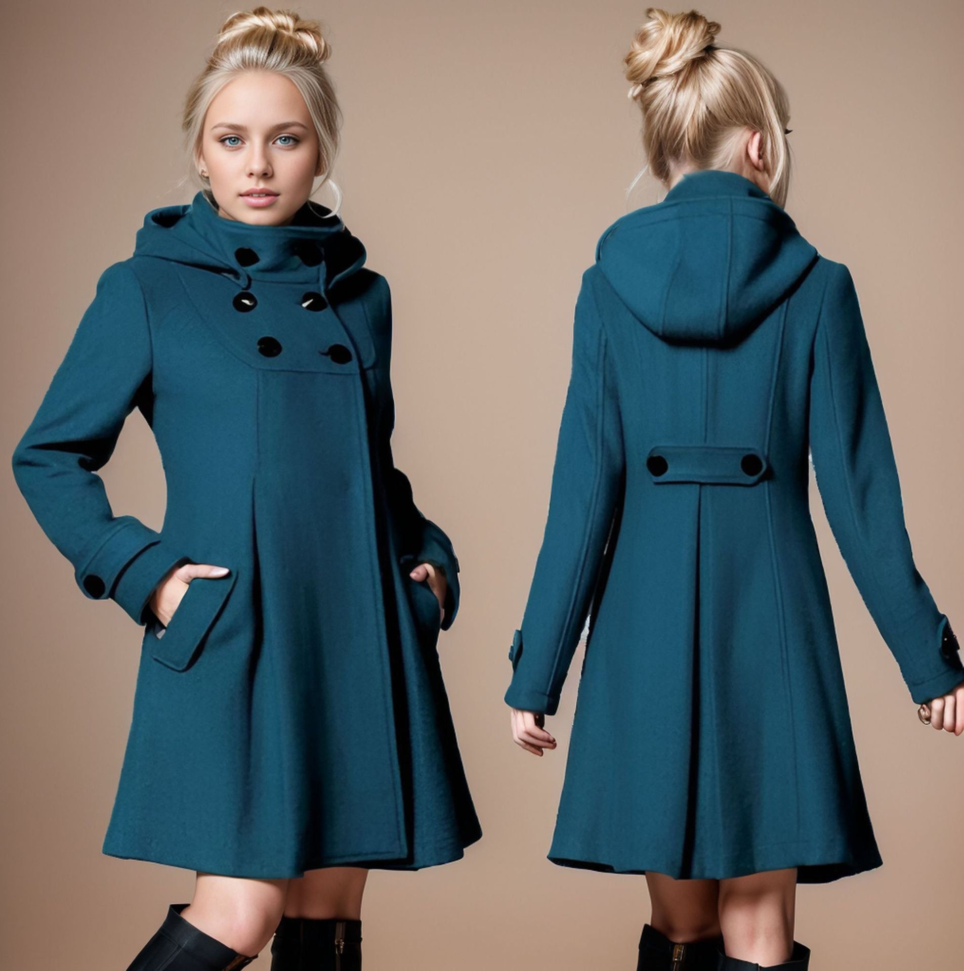 Women's A-line wool mix coat with high hood and double-button placket Chichicherry