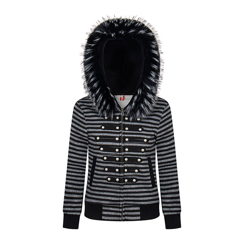 Women’s Hooded Sweat Jacket with Faux Fur Trim and Military Decorative Button Placket Chichicherry