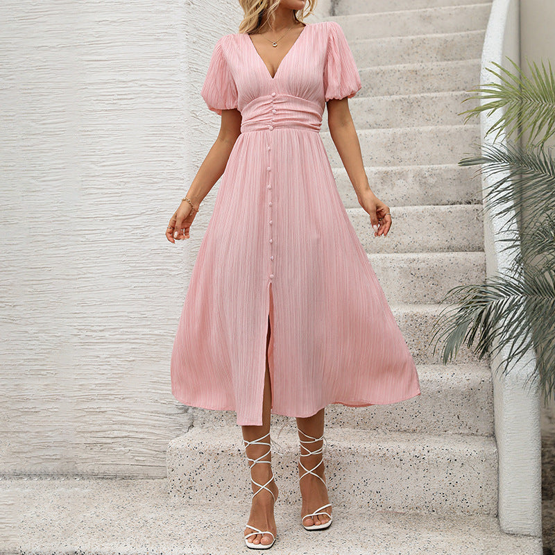Ladies figure-flattering midi dress with ribbed texture, puff sleeves, and V-neck Chichicherry