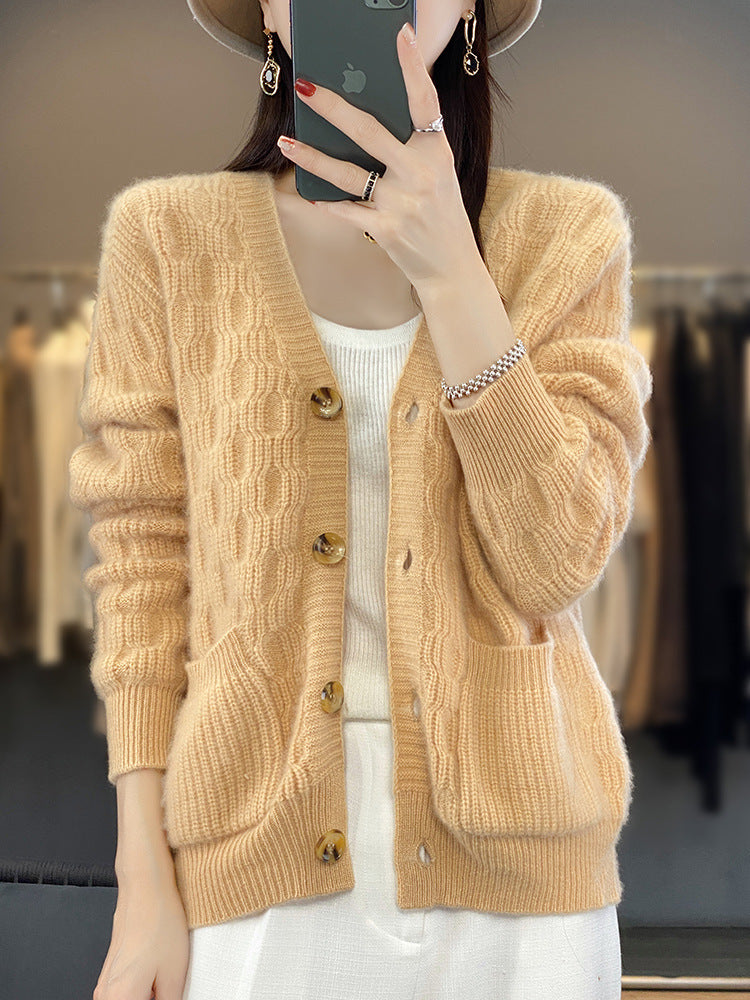 Women's Soft Angora-Look Cable Knit Cardigan with V-Neck and Patch Pockets Chichicherry
