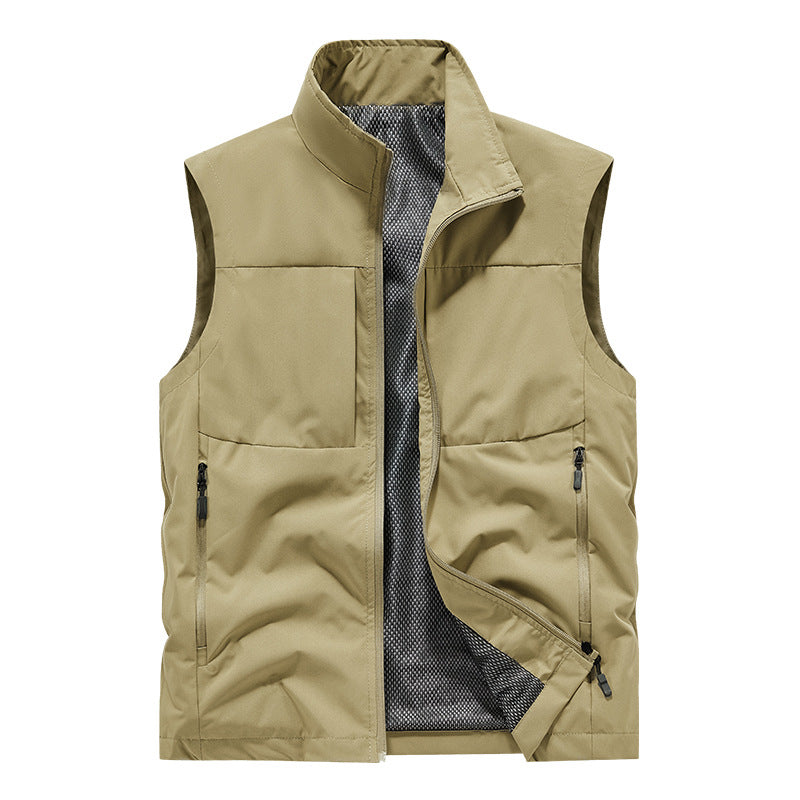 Men's lightweight technical outdoor vest with stand-up collar, mesh lining, and zippered pockets Chichicherry