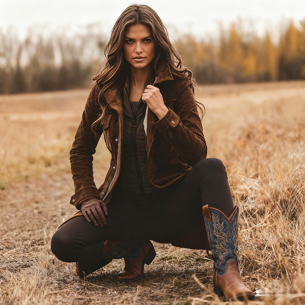 Women's long jacket made of suede leather with utility pockets and concealed zipper Chichicherry