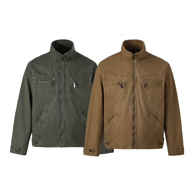 Men's short jacket made of canvas in field style with stand-up collar, zipper and multifunctional pockets Chichicherry
