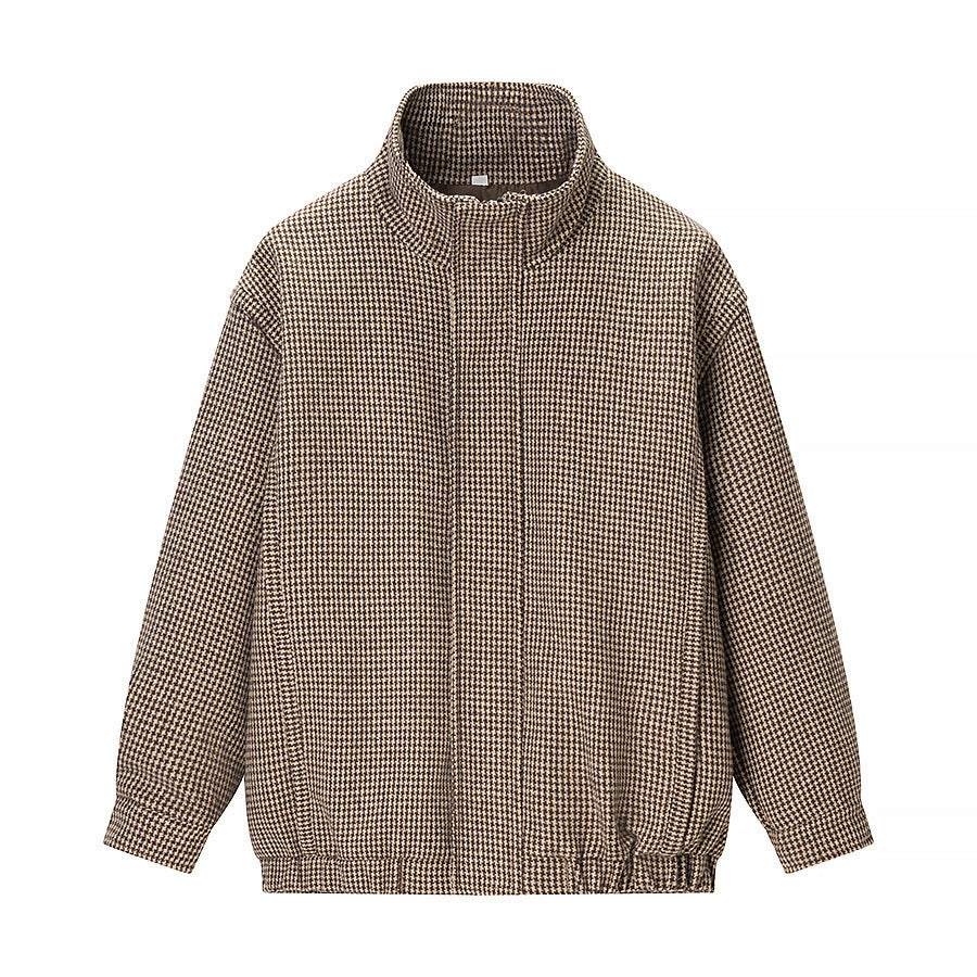 Women's Short Oversized Transitional Jacket in Houndstooth Pattern with Stand-Up Collar and Elastic Hem Chichicherry