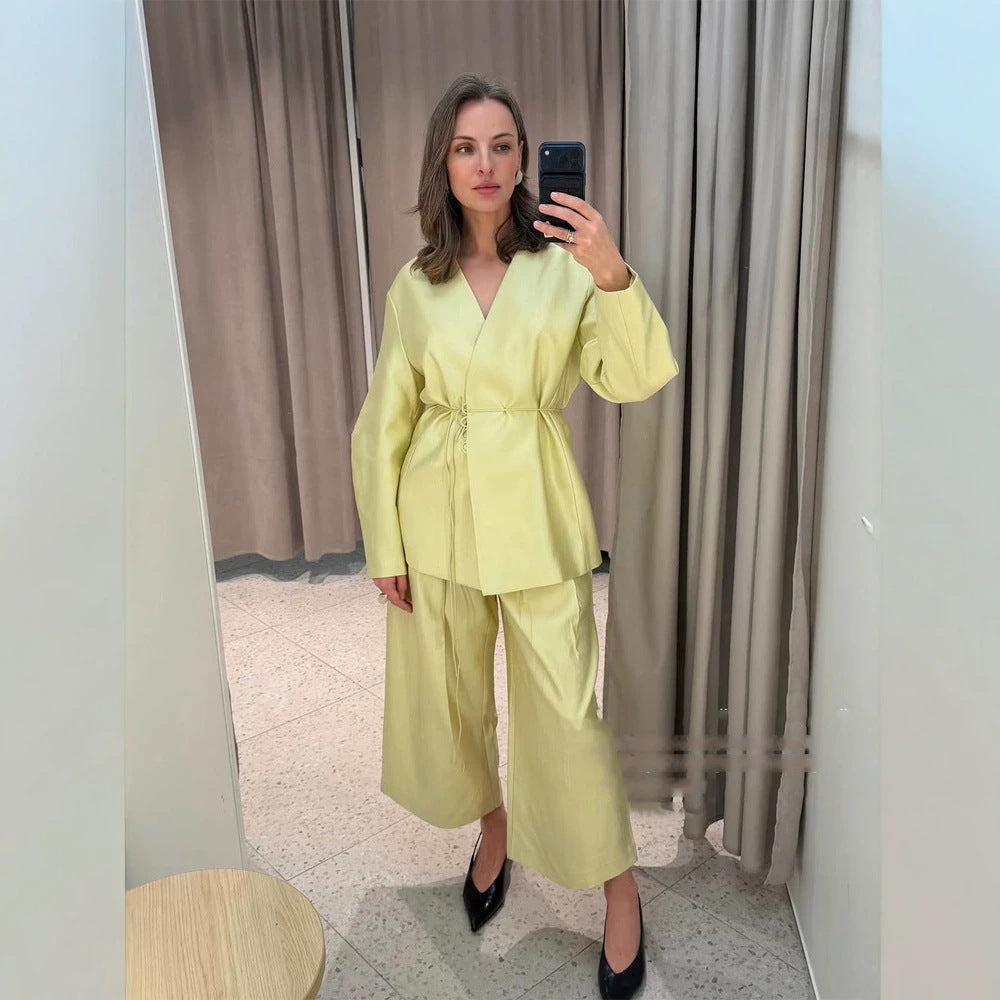 Women's wrap blazer with drawstring and wide culotte pants two-piece Chichicherry