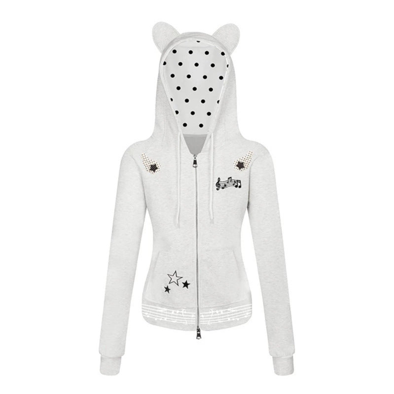 Women's hooded sweat jacket with bear ears, zipper, musical print and polka lining Chichicherry