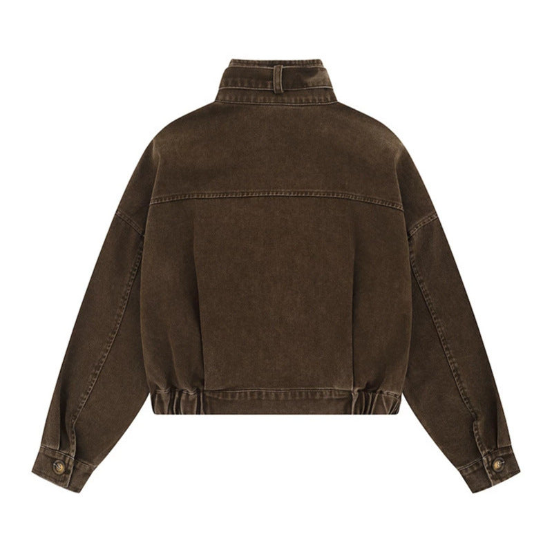 Women's Cropped Utility Bomber Jacket with Stand-Up Collar, Zipper Pockets and Elastic Cuffs Chichicherry