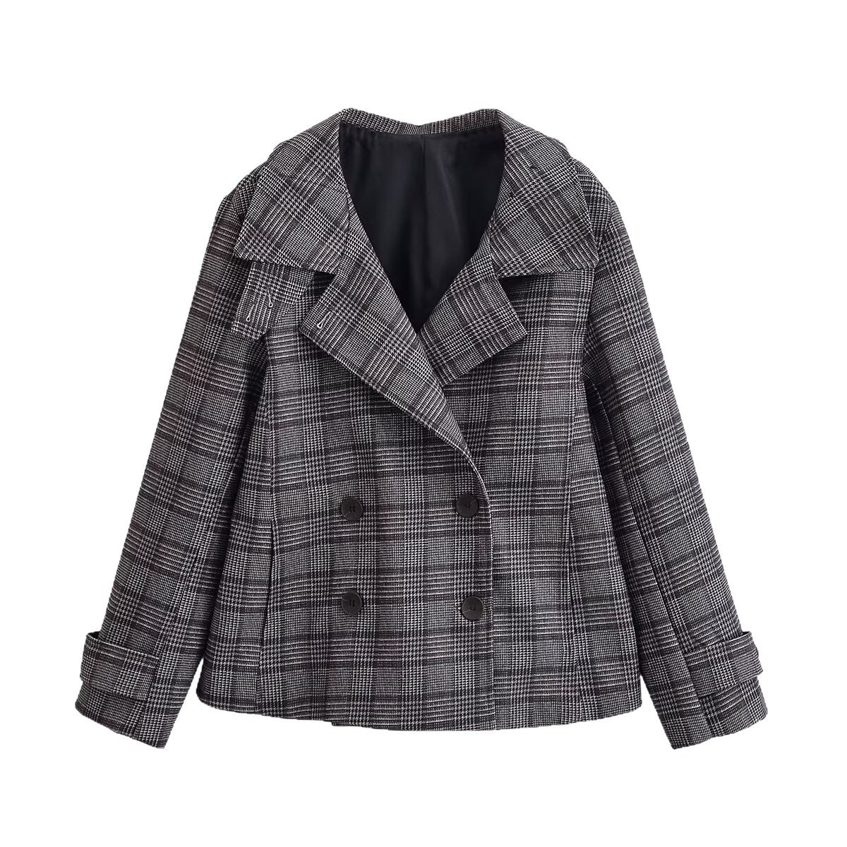 Women's Short Double-Breasted Glencheck Coat with Wide Lapels Chichicherry