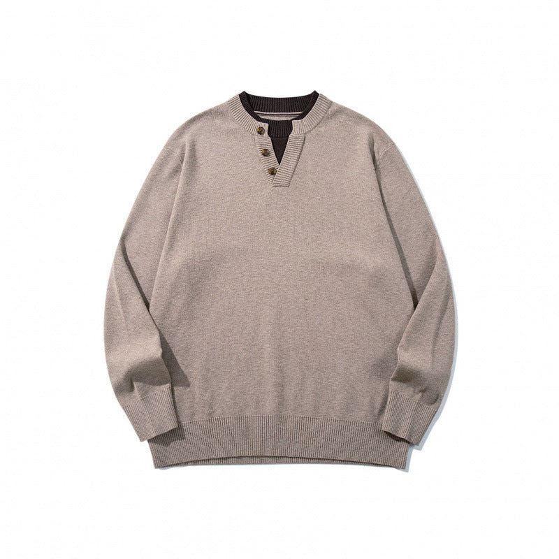 Unisex knit sweater with Henley button placket, contrast collar and boxy cut Chichicherry