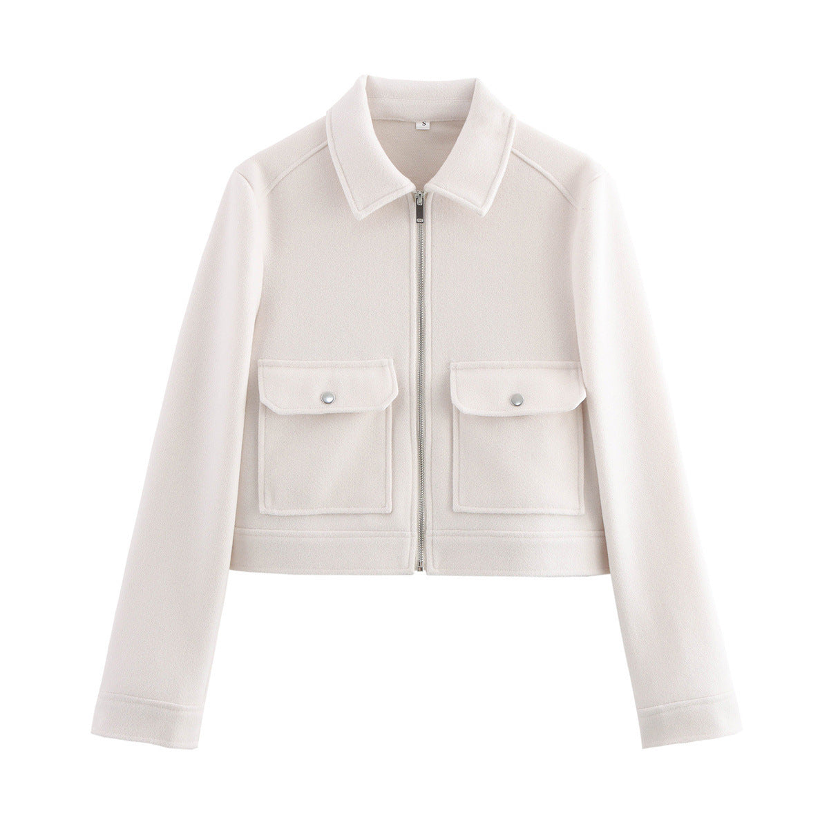 Women short cut wool mix jacket with shirt collar, zipper and patch flap pockets Chichicherry