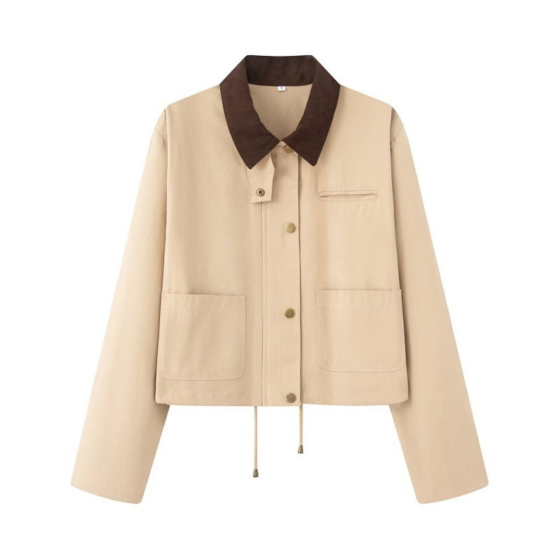 Women's Cropped Workwear Jacket with Cord Collar, Press Buttons and Drawstring Chichicherry