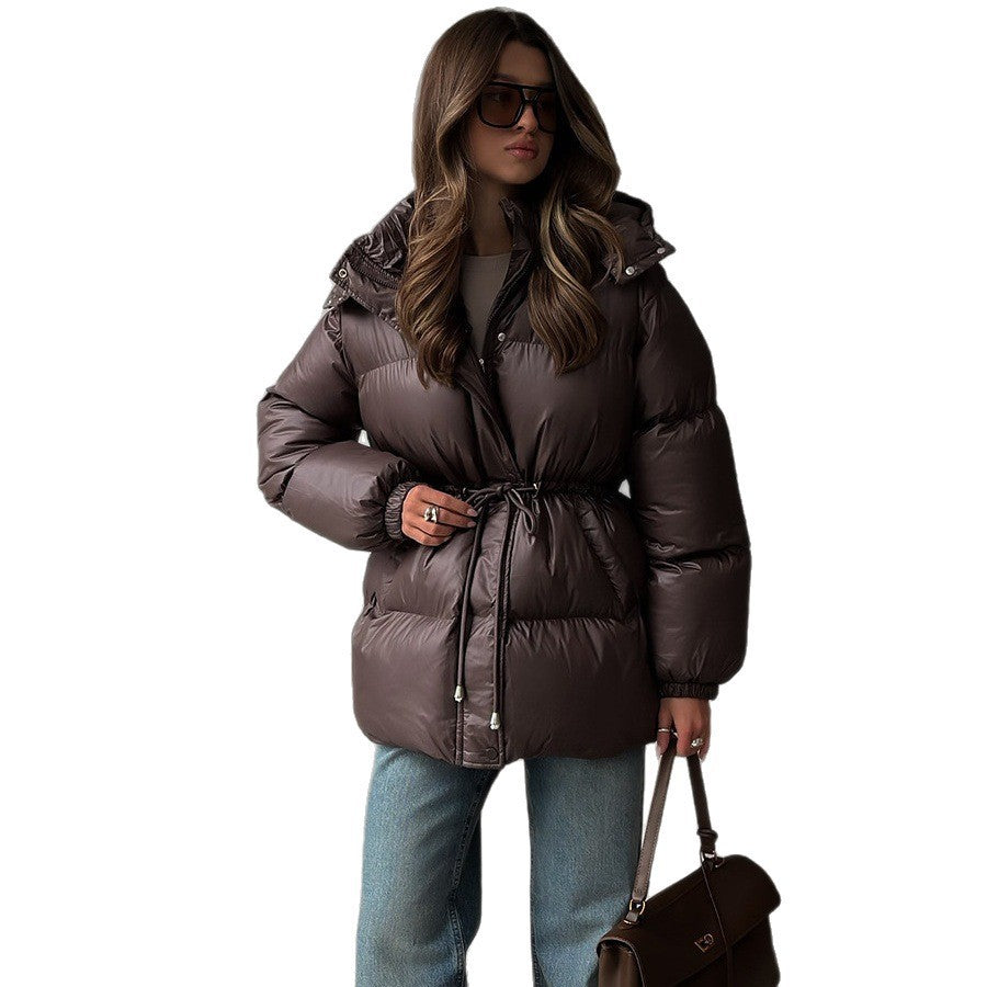 Women Tailored Quilted Jacket in Down Look with Drawstring and Hood Chichicherry