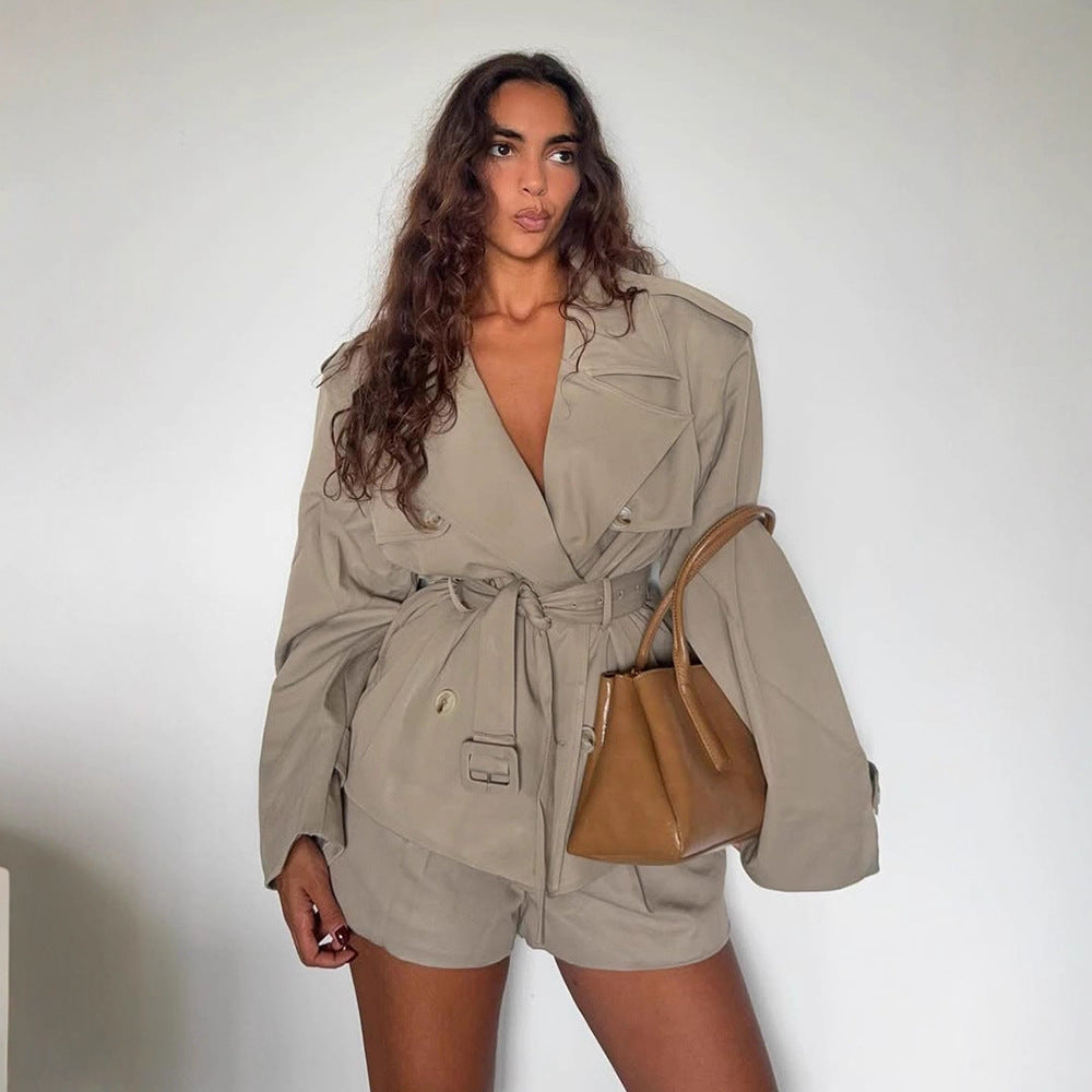 Women's short trench-style jacket with a tailored tie belt and wide sleeves Chichicherry