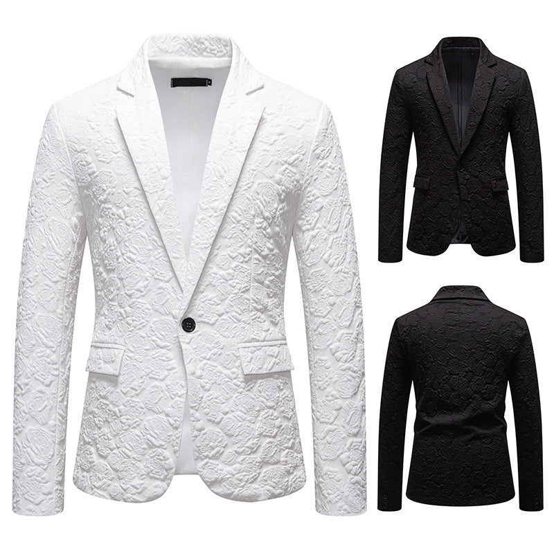 Men's Tailored Single-Button Jacket with Embossed Floral Jacquard Texture and Patch Pockets Chichicherry