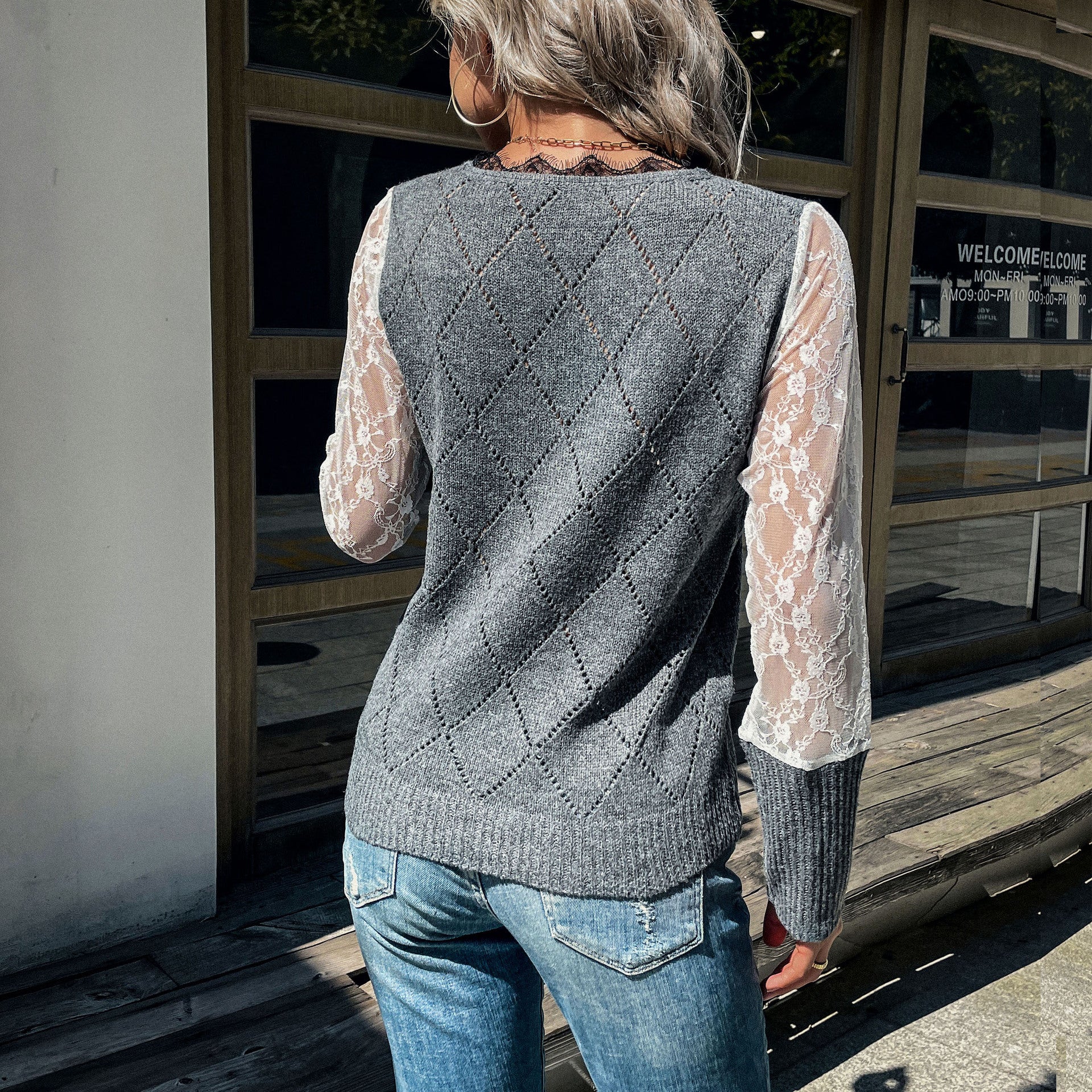 Women's Casual Fine Knit Sweater with Openwork Diamond Pattern, Transparent Lace Sleeves and Ribbed Cuffs Chichicherry