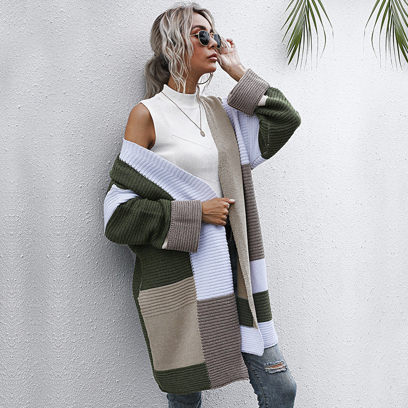 Women's Oversized Knit Cardigan with Colorblock Patchwork and Open Front Chichicherry