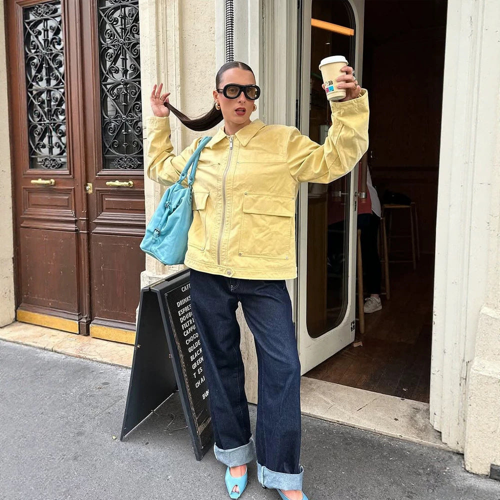 Women's Boxy-Canvas-Jacket with Zipper, Flap Pockets and Waist Drawstring Chichicherry